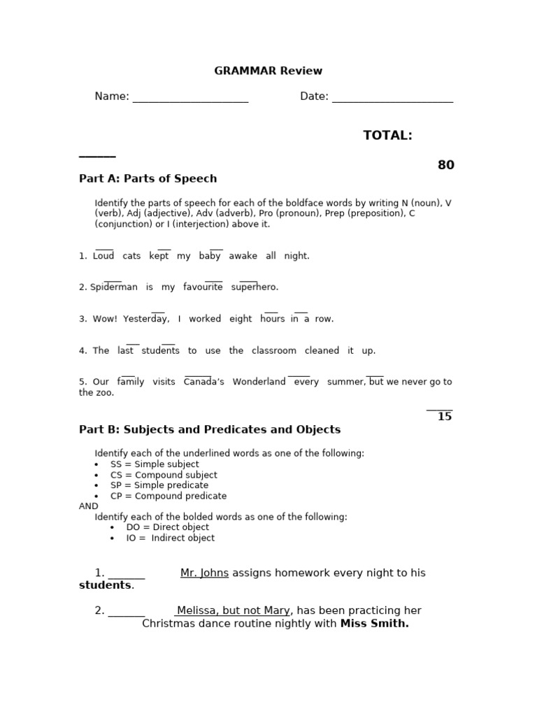 Grade 9 Exam Review Grammar Exercises PDF Part Of Speech Subject