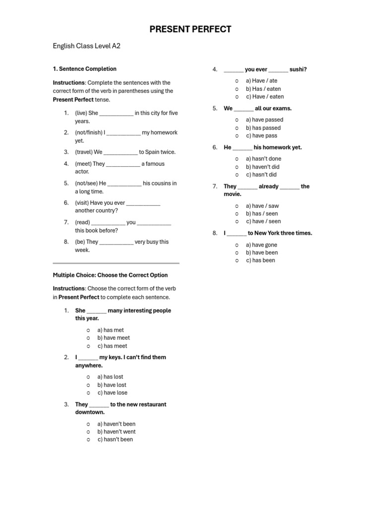Present Perfect for A2 Learners | PDF | Language Mechanics | Linguistics