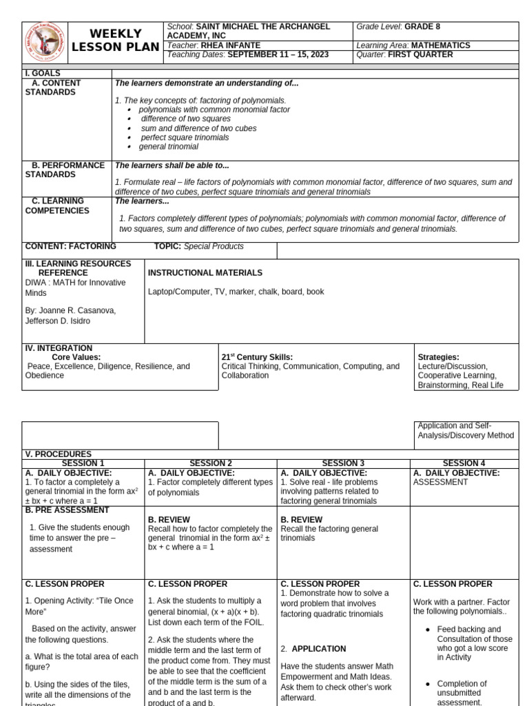 Grade 8 Math Lesson Plan: Factoring Polynomials | PDF | Factorization ...