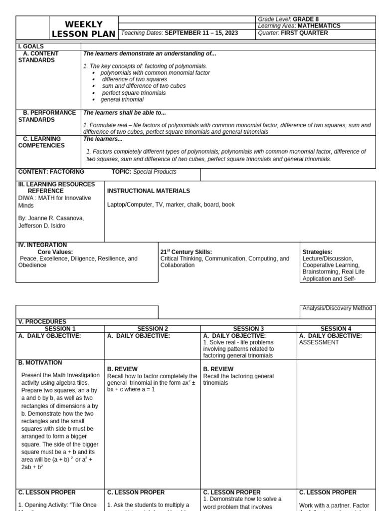 Grade 8 Math Lesson Plan: Factoring Polynomials | PDF | Factorization ...