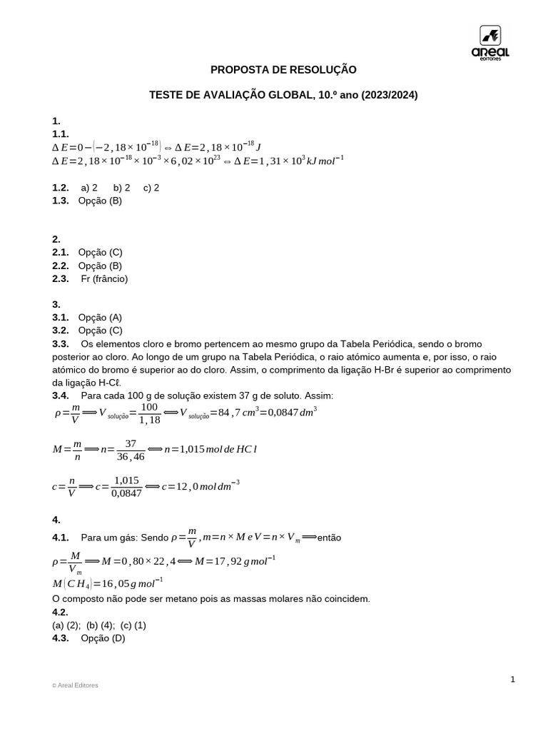 Proposta de Resolução: Teste 10.º Ano | PDF | Química | Engenharia de ...