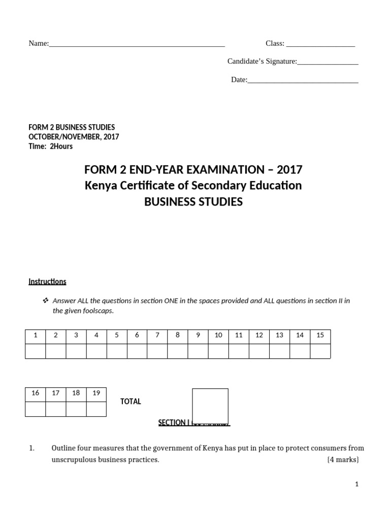 2017 Form 2 End Term 3 Business Studies f2 | PDF | Business | Economies