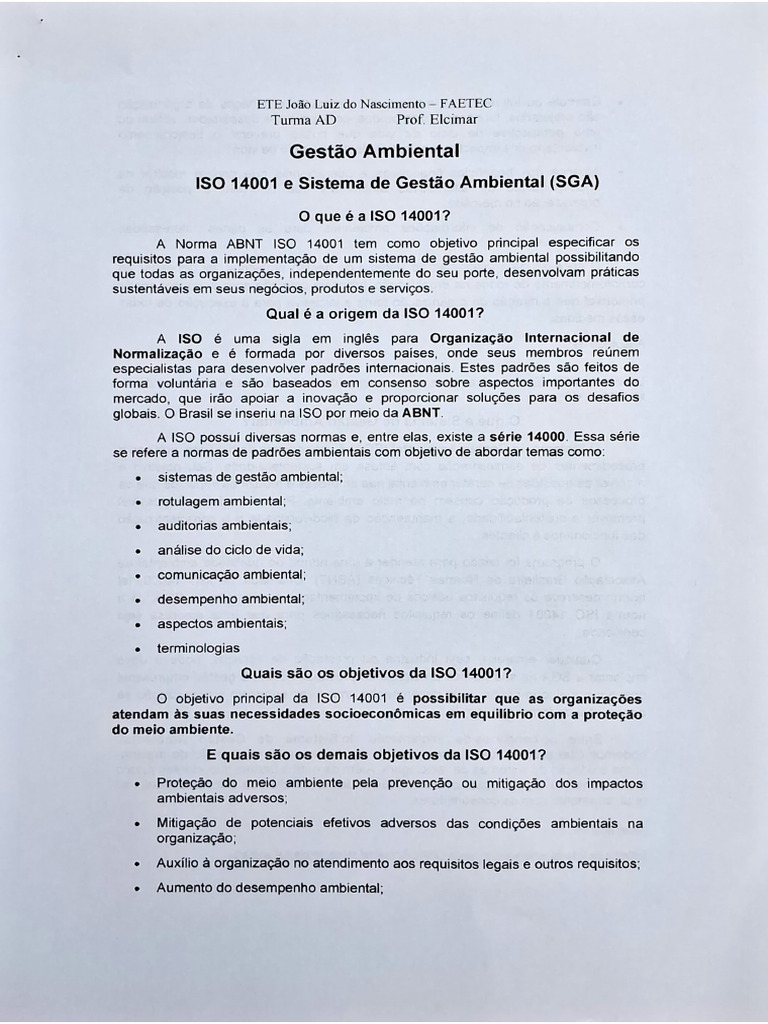 ISO 14001 e Sistema de Gestão Ambiental (SGA) - Pág.1 | PDF