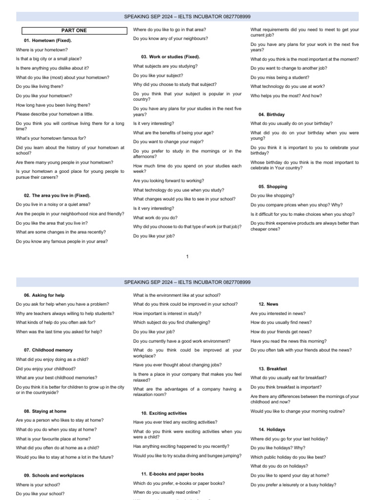 Speaking Sep 2024 Questions Only | PDF | Learning | Sports