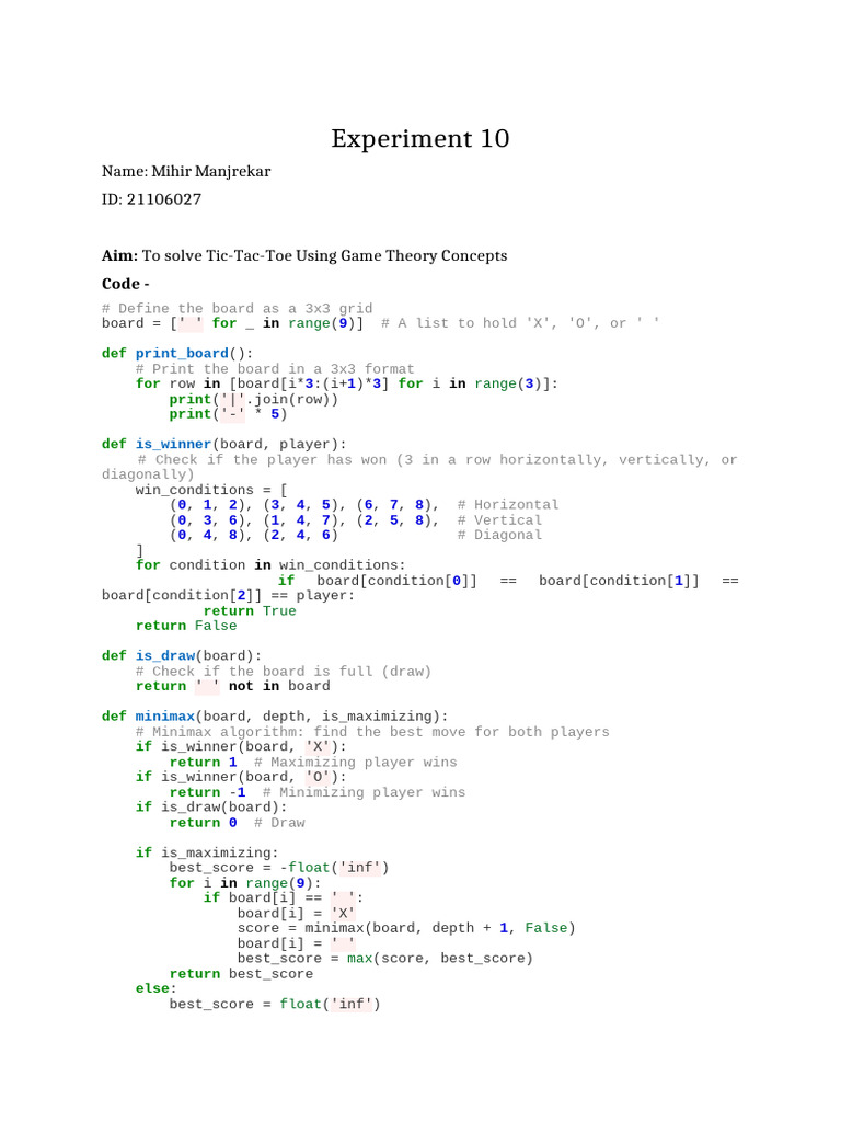 Game Theory Lab Experiment 10 | PDF | Theoretical Computer Science ...