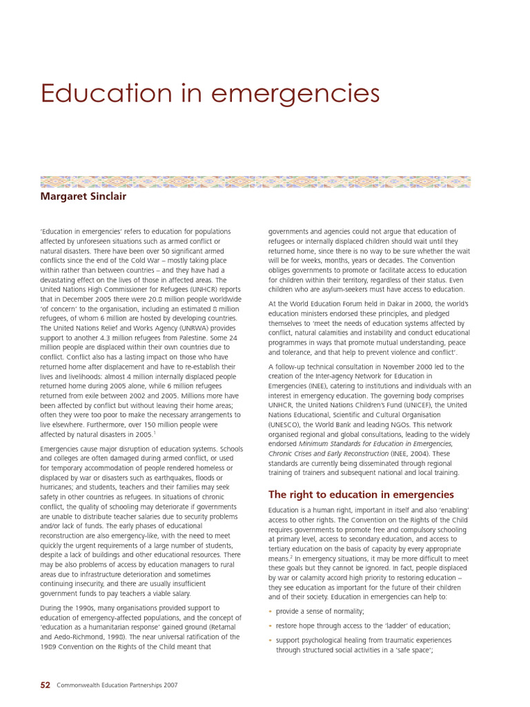 Education in Emergencies | PDF | Refugee | Internally Displaced Person
