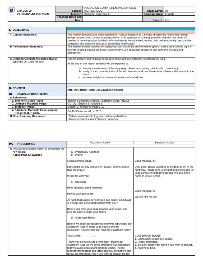 Egyptian Folktale Lesson Plan: Two Brothers | PDF | Learning | Ancient ...