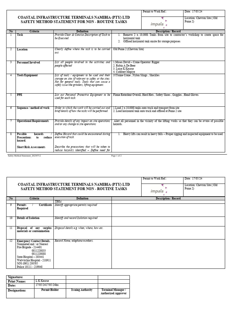 Safety Method Statement for Tank Removal | PDF | Safety | Occupational ...