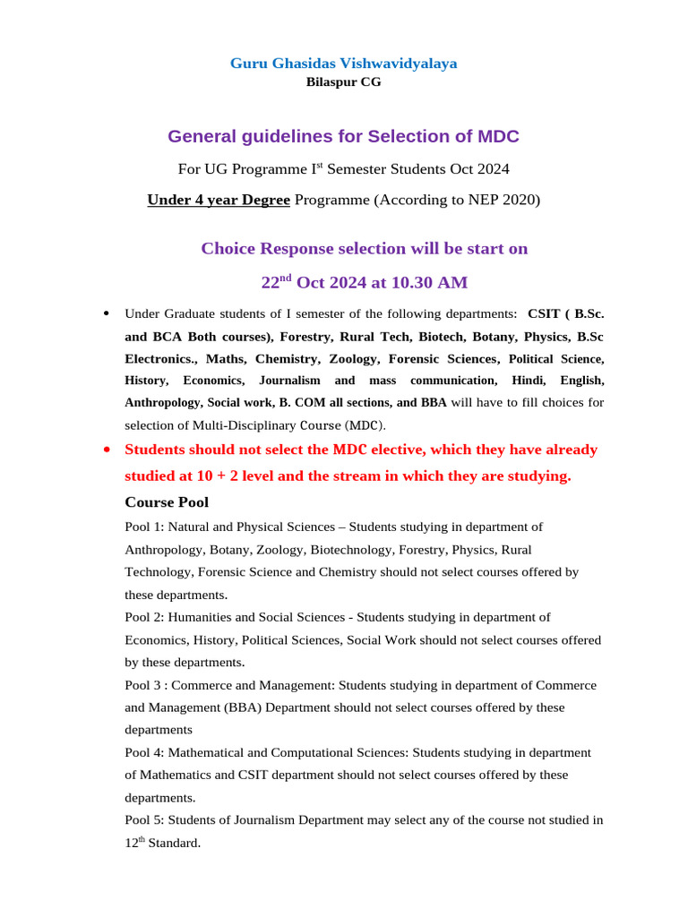 MDC Selection Guidelines for UG Students | PDF | Science | Anthropology