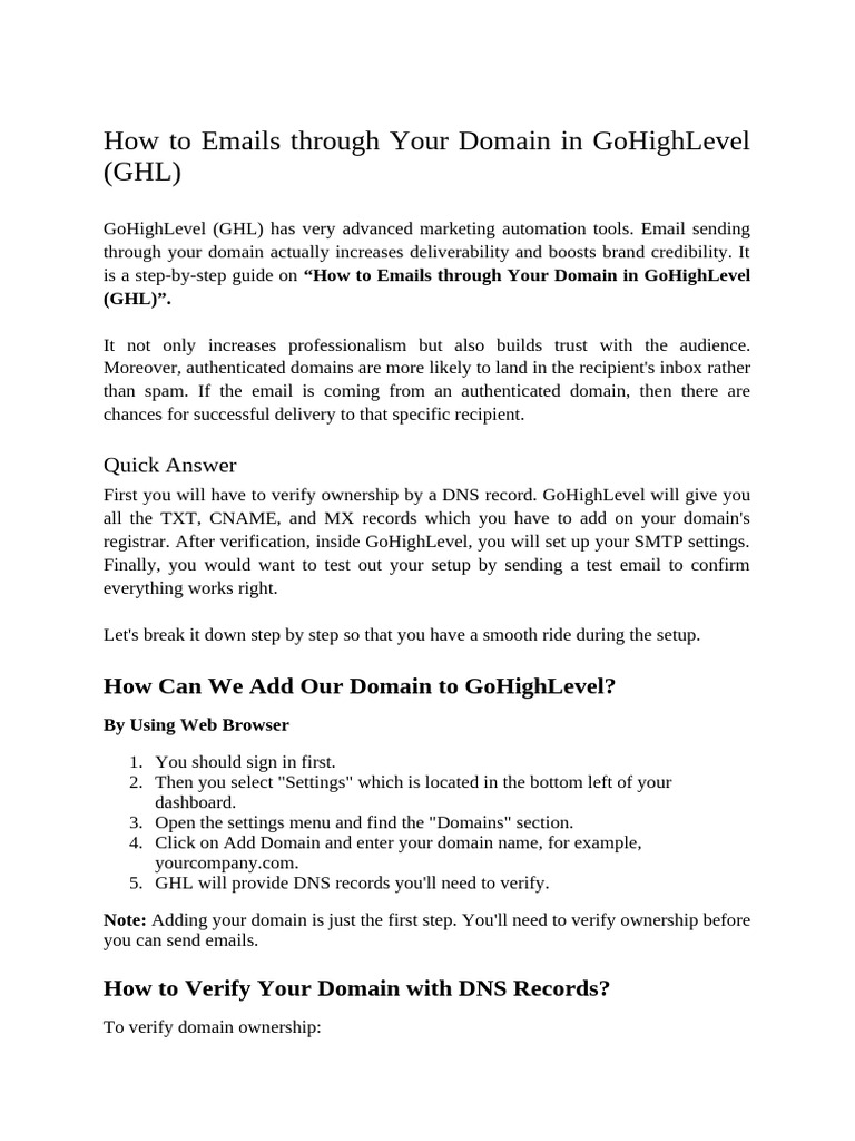 How To Emails Through Your Domain in GoHighLevel (GHL) | PDF | Domain Name  System | Cyberspace