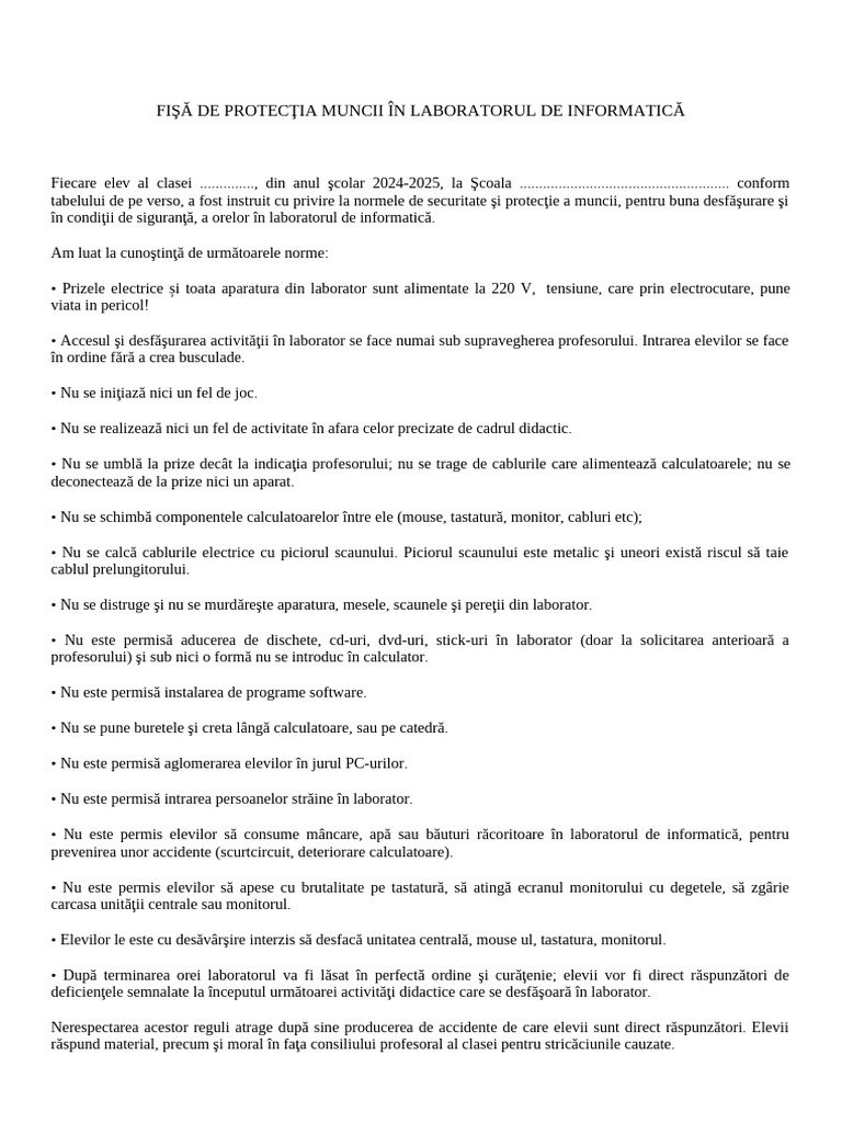 Fisa de Protectia Muncii in Laboratorul de Informatica | PDF