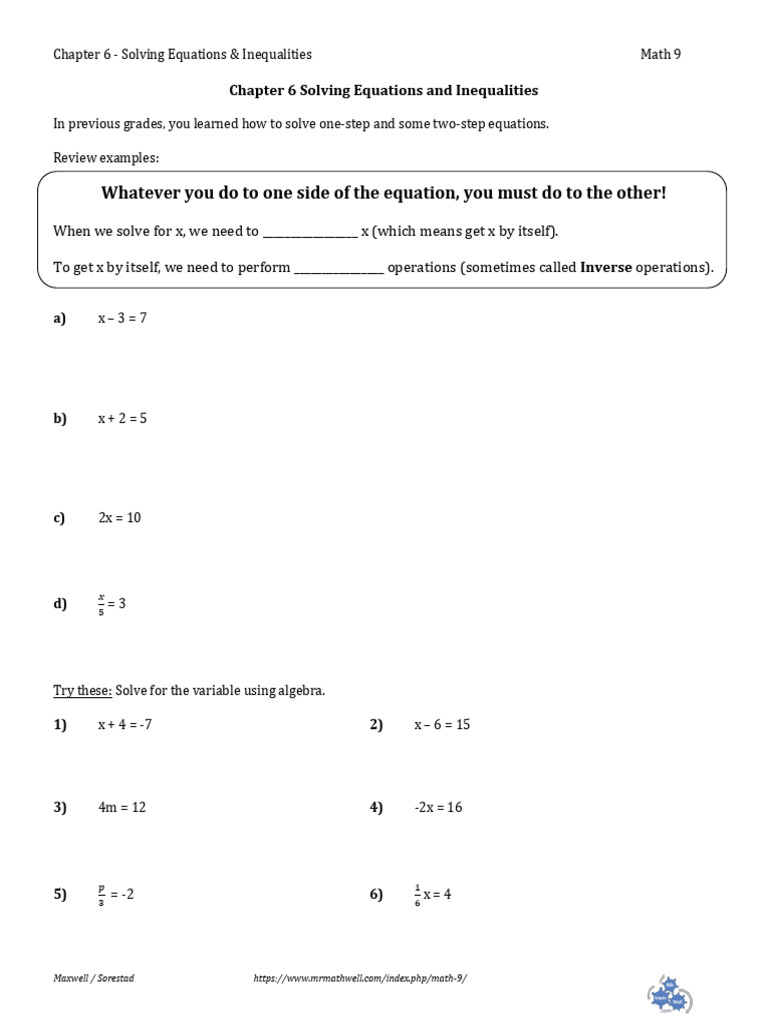 Math 9 CH 6 Notes STUDENT BLANKS Maxwell 2 | PDF | Equations ...