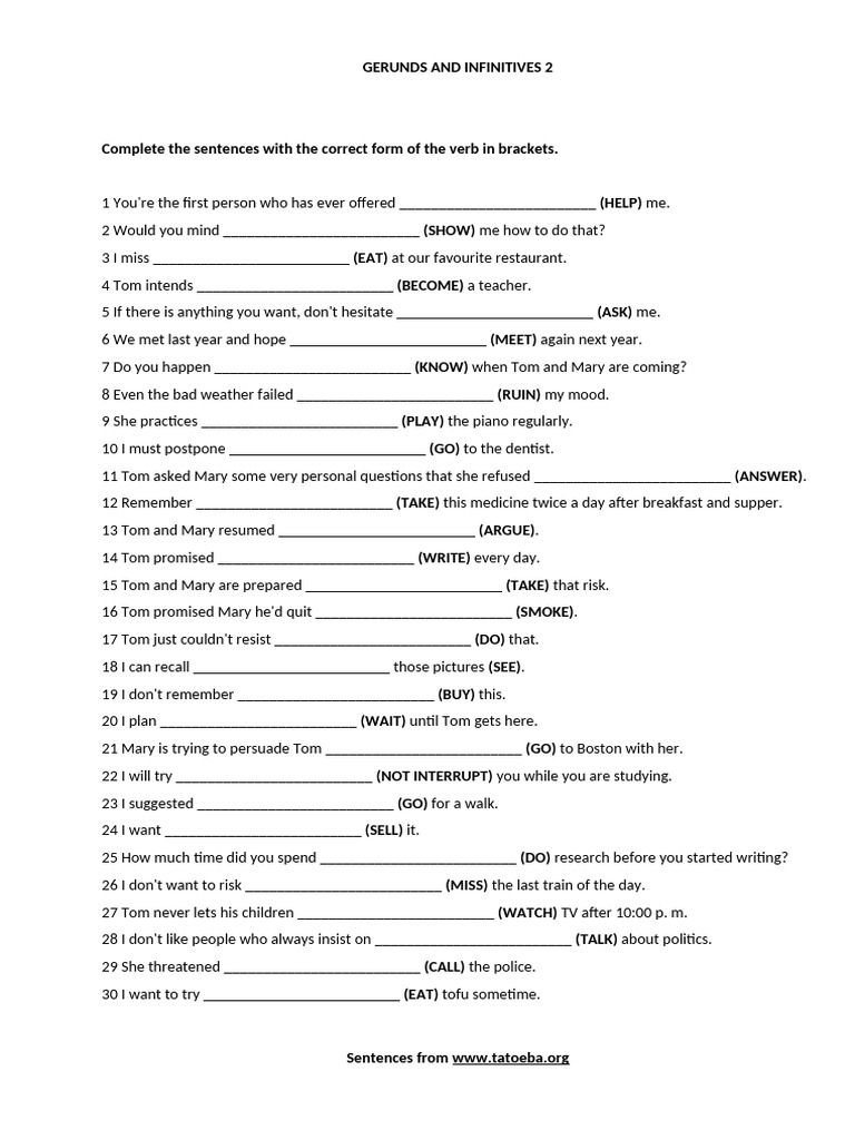 Gerunds and Infinitives Exercises | PDF