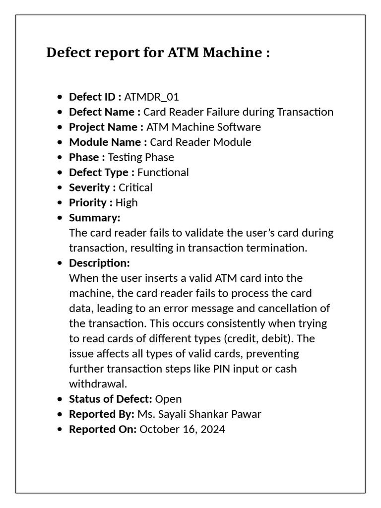 Defect Report For ATM Machine | PDF