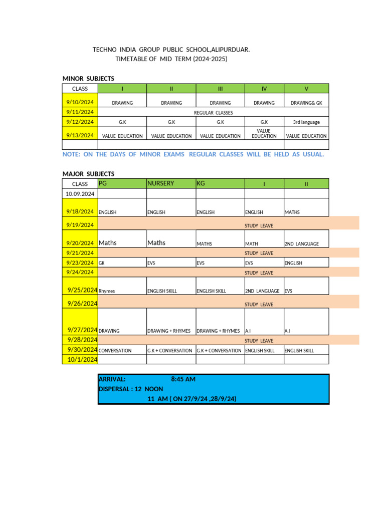 Mid Term Timetable 2024-2025 | PDF