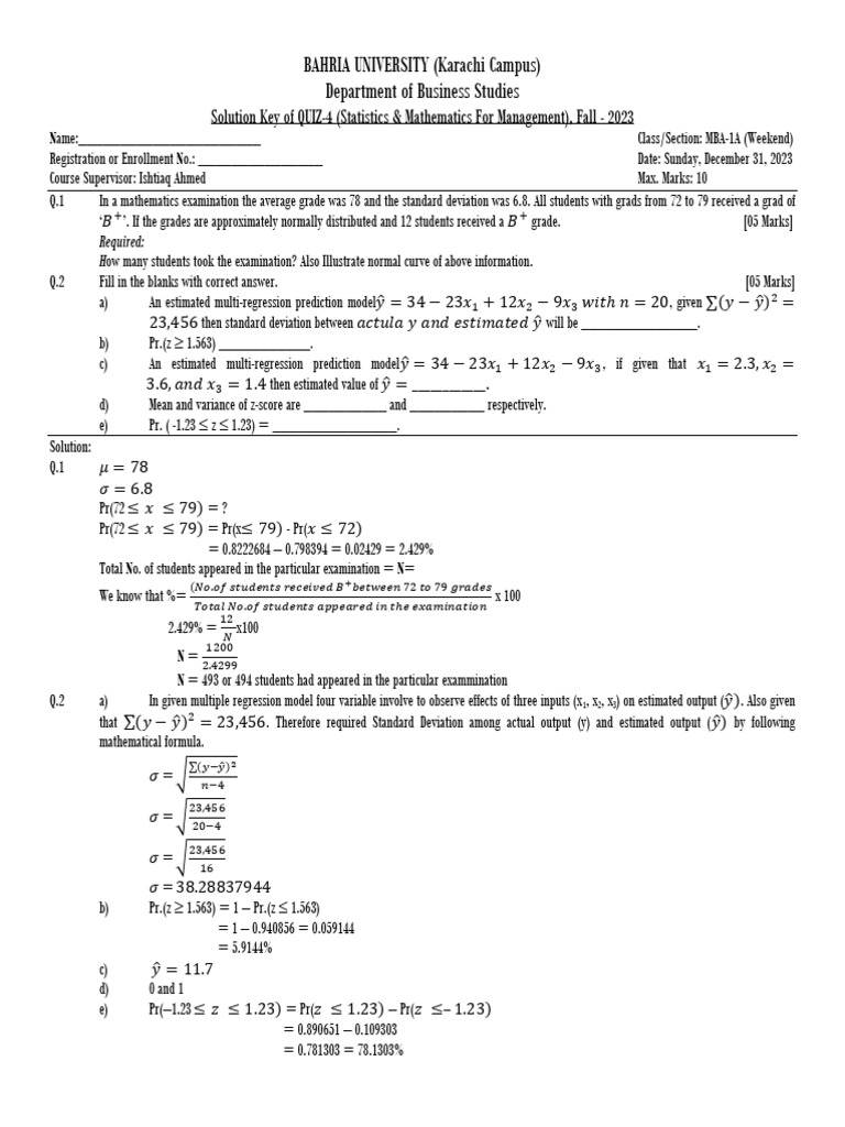 Quiz-4 Solutions: Statistics & Math | PDF | Regression Analysis ...