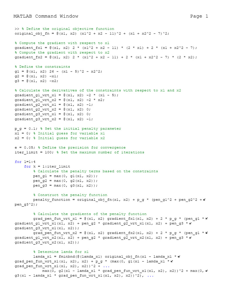 Penalty Method for Optimization in MATLAB | PDF | Mathematical ...