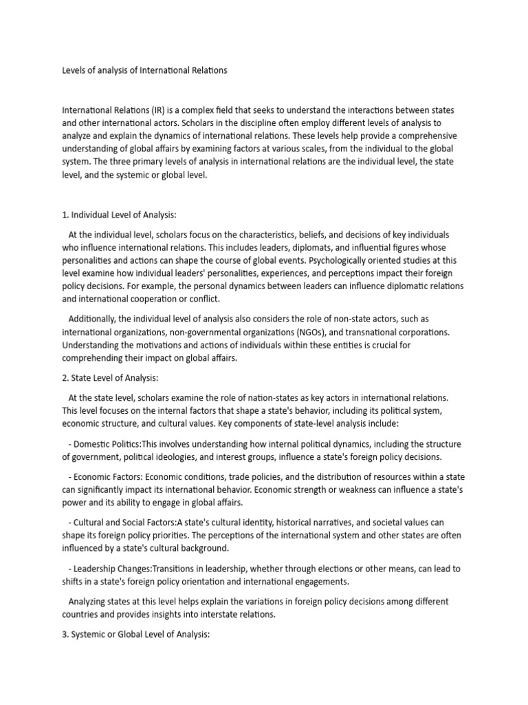 Levels of Analysis in International Relations | PDF | International ...