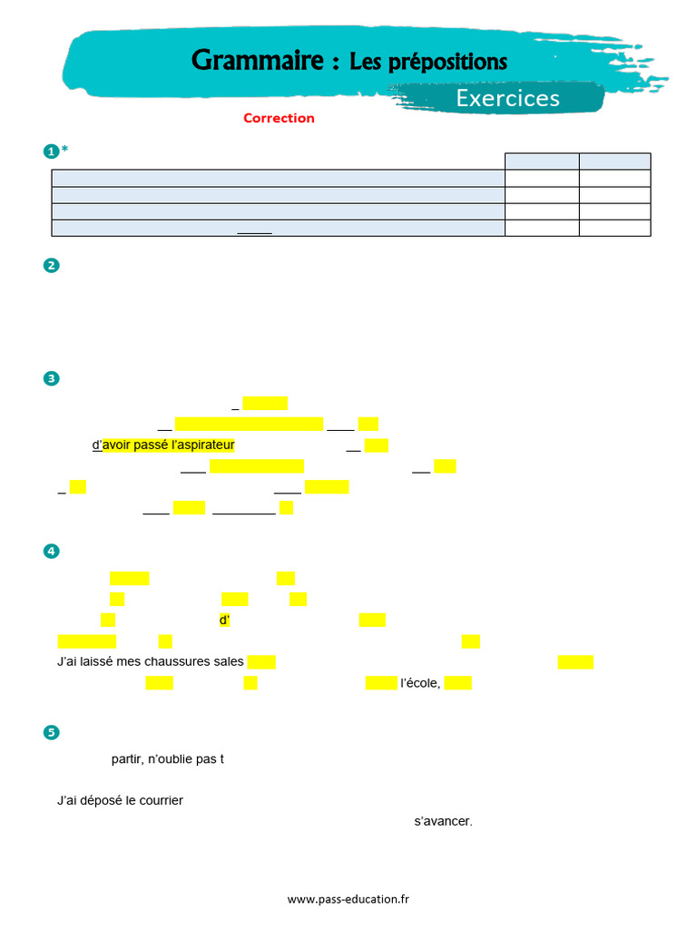 Exercices corrigés sur les prépositions | PDF | Adposition ...
