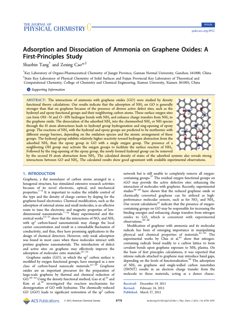 Tang Cao 2012 Adsorption and Dissociation of Ammonia On Graphene Oxides ...