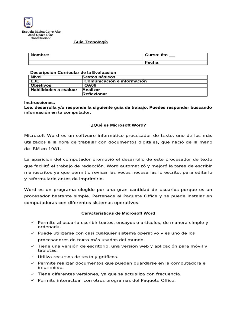 Guía Tecnología-6°-Básico | PDF | Microsoft Word | Procesador de textos