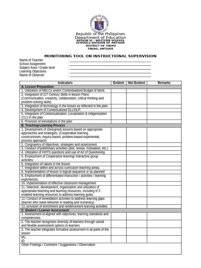 Instructional Supervision Monitoring Tool | PDF | Educational ...