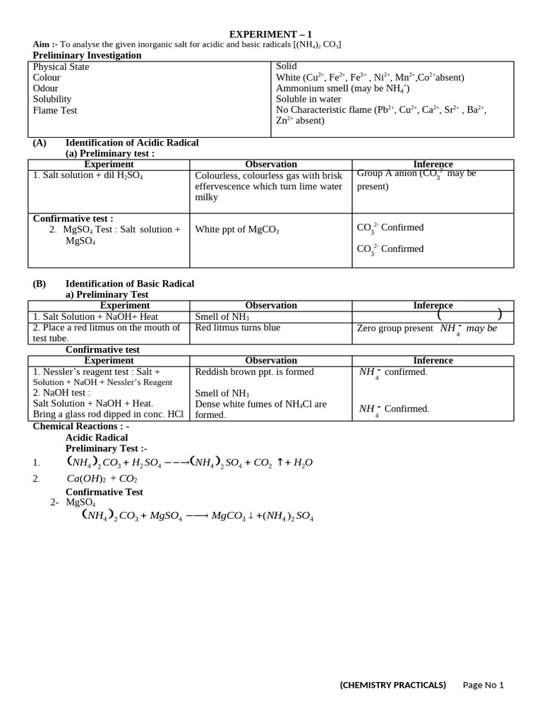 Xii Chemistry-Practical Term - 1 Salt Analysis | PDF | Salt (Chemistry ...
