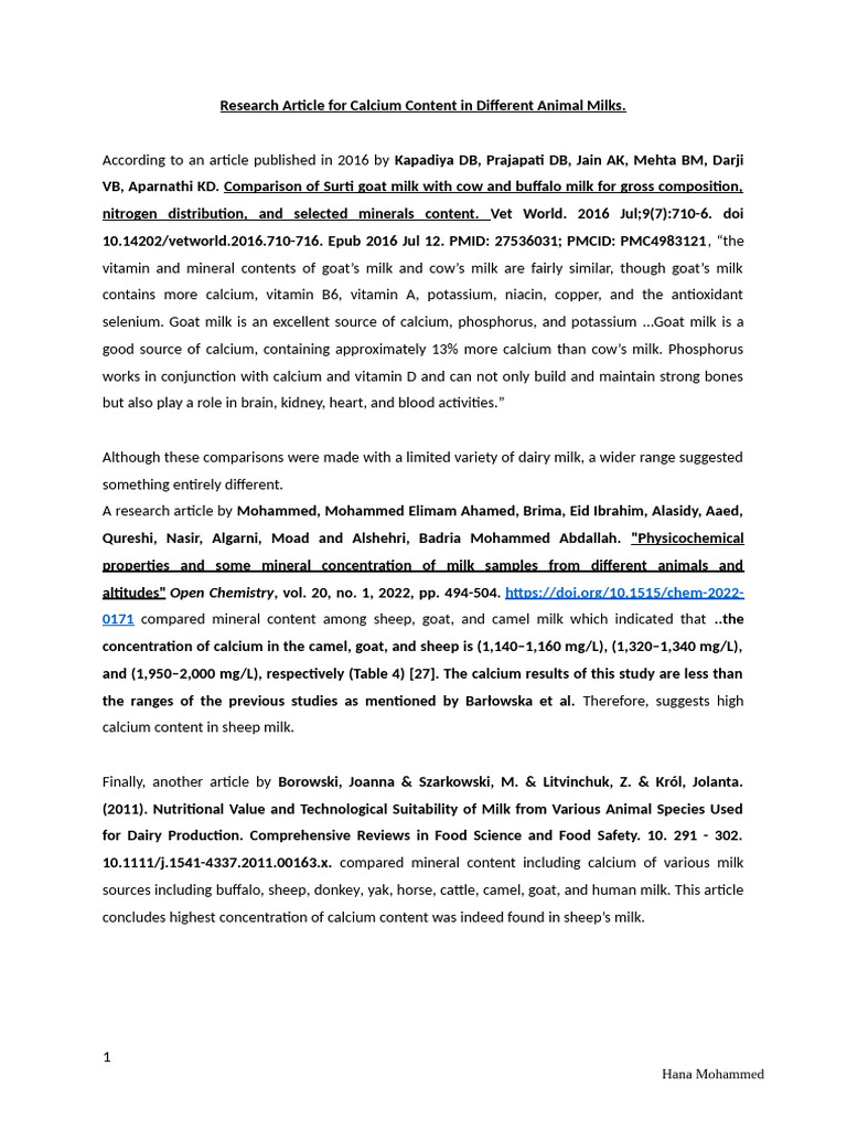 Research Article For Calcium Content in Different Animal Milks | PDF ...