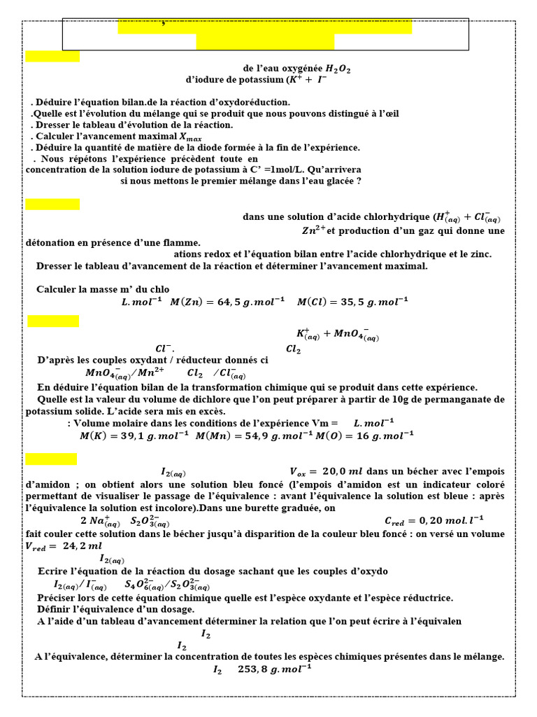 Exercices de chimie : Réactions redox et titrages | PDF | Réaction d ...