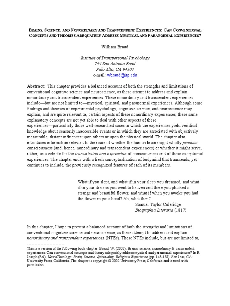 William Braud - Brains, Science, and Nonordinary and Transcendent ...