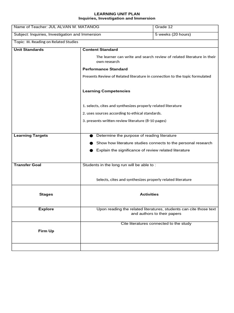Learning Unit Plan Inquiries, Investigation and Immersion | PDF ...