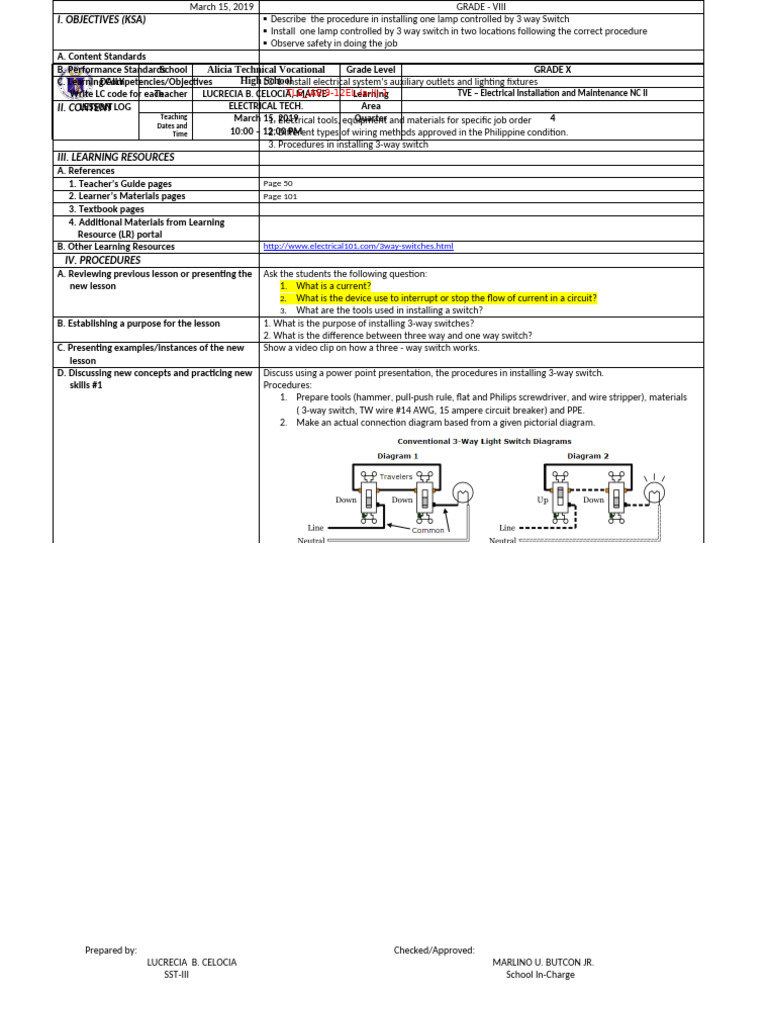 Electrical Installation Lesson Plan | PDF | Switch | Electrical Engineering