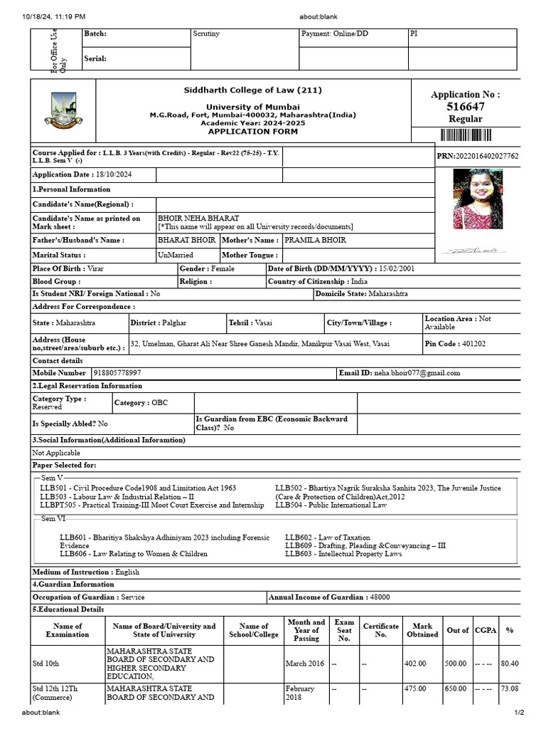 Neha Bhoir LLB Application Form | PDF | Justice | Crime & Violence