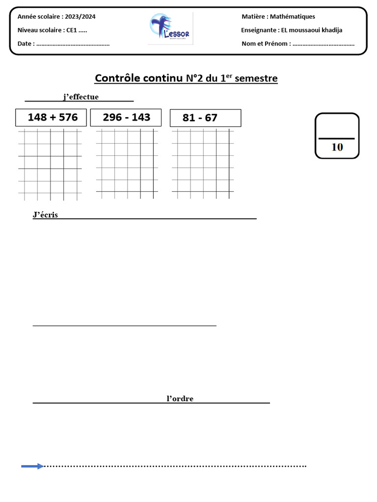 Contrôle Mathématiques CE1 Semestre 1 | PDF