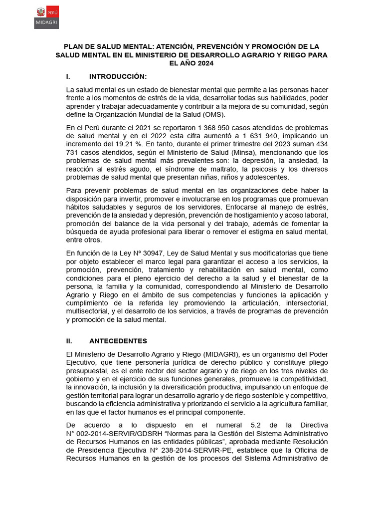 Plan de Salud Mental 2024 en MIDAGRI | PDF | Salud mental | Las emociones