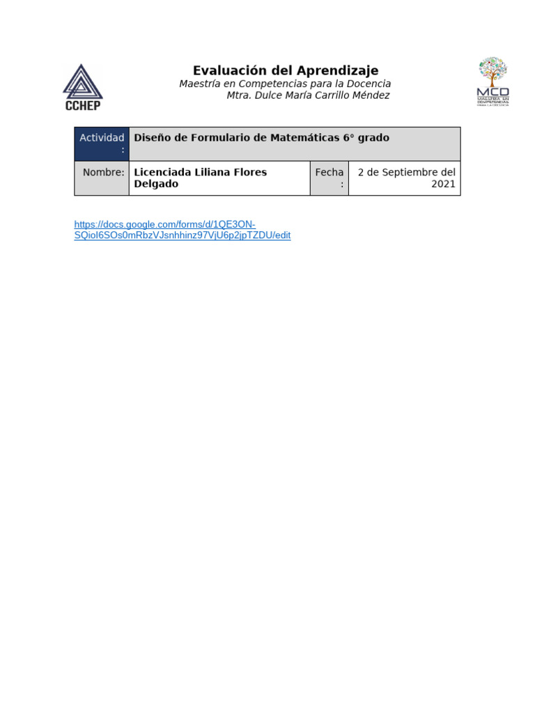 Diseño Formulario Matemáticas 6° Grado | PDF