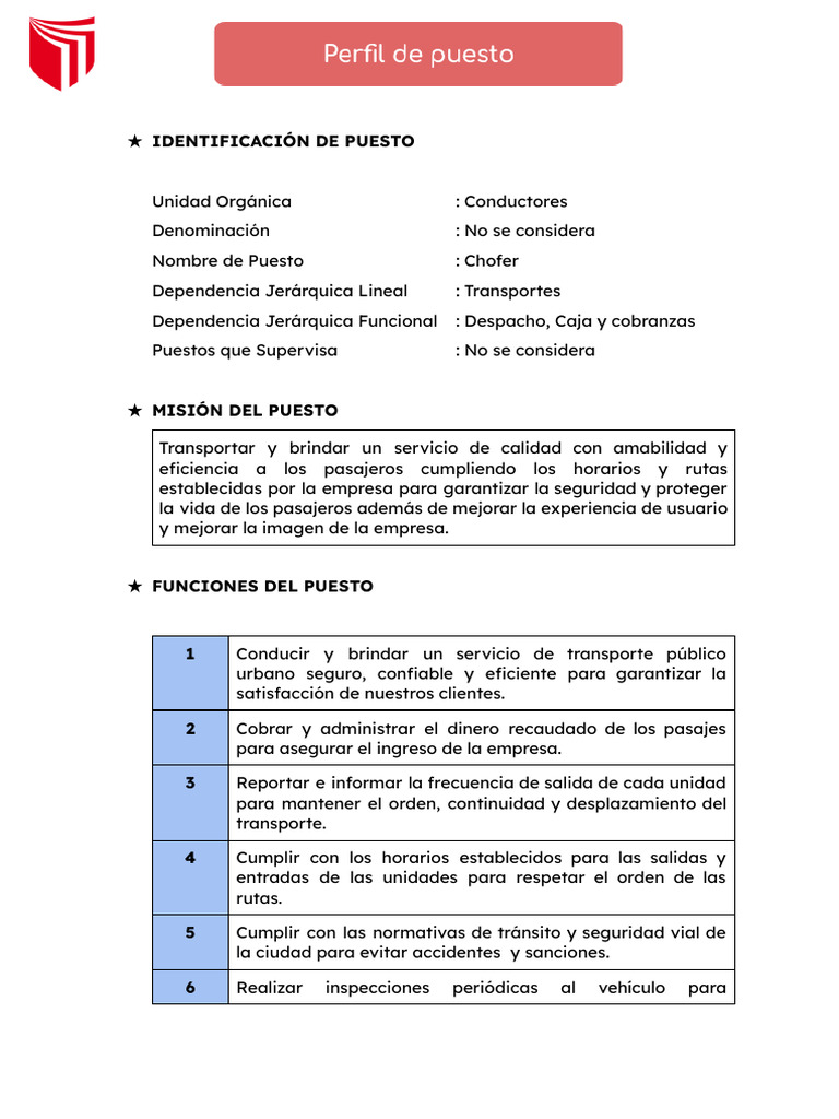 Perfil de Puesto, Chofer Nueva California-S6 | PDF | Business ...
