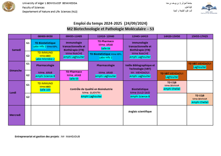 Emploi du temps M2 Biotechnologie 2024-2025 | PDF