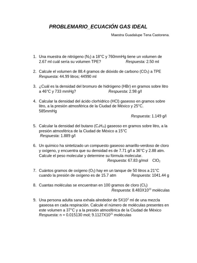 Problemas de Gas Ideal y Soluciones | PDF | Gases | Oxígeno