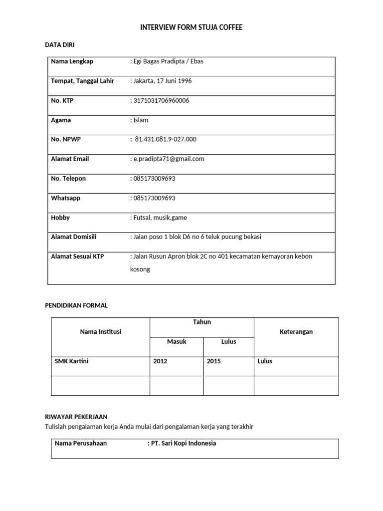 Formulir Interview Barista Stuja Coffee | PDF