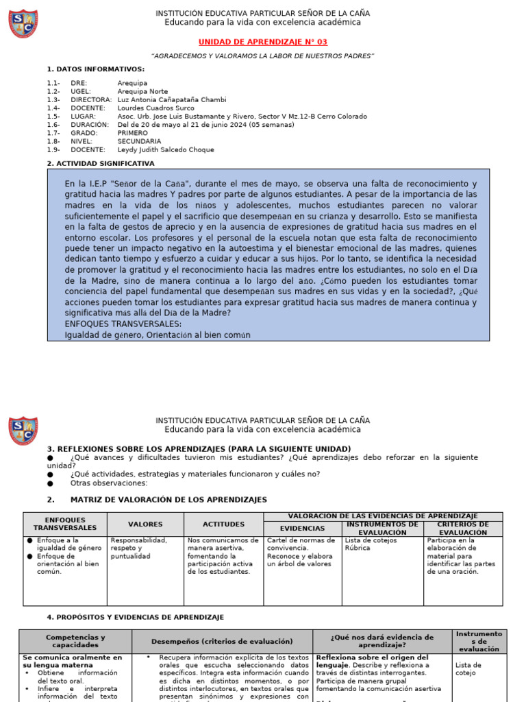 Tercera Unidad de Aprendizaje 2024 (Primero de Secundaria) | PDF ...