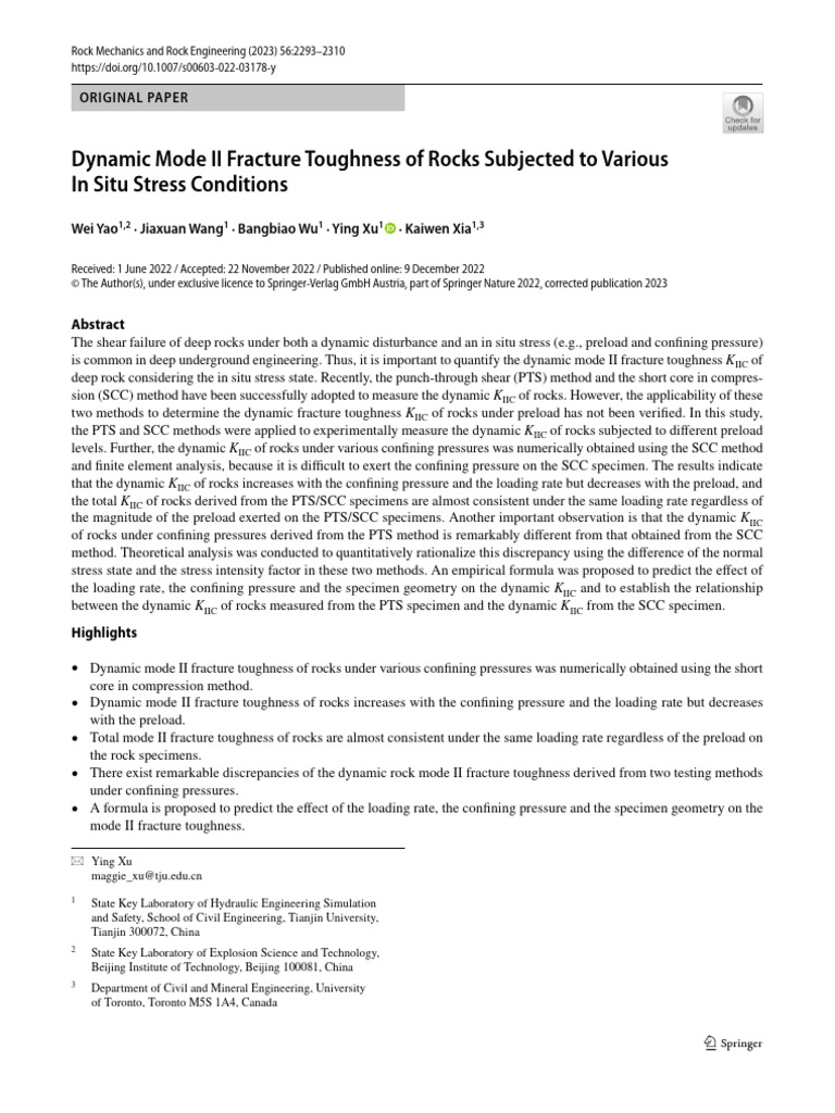 Dynamic Mode II Fracture Toughness of Rocks Subjected To Various in ...