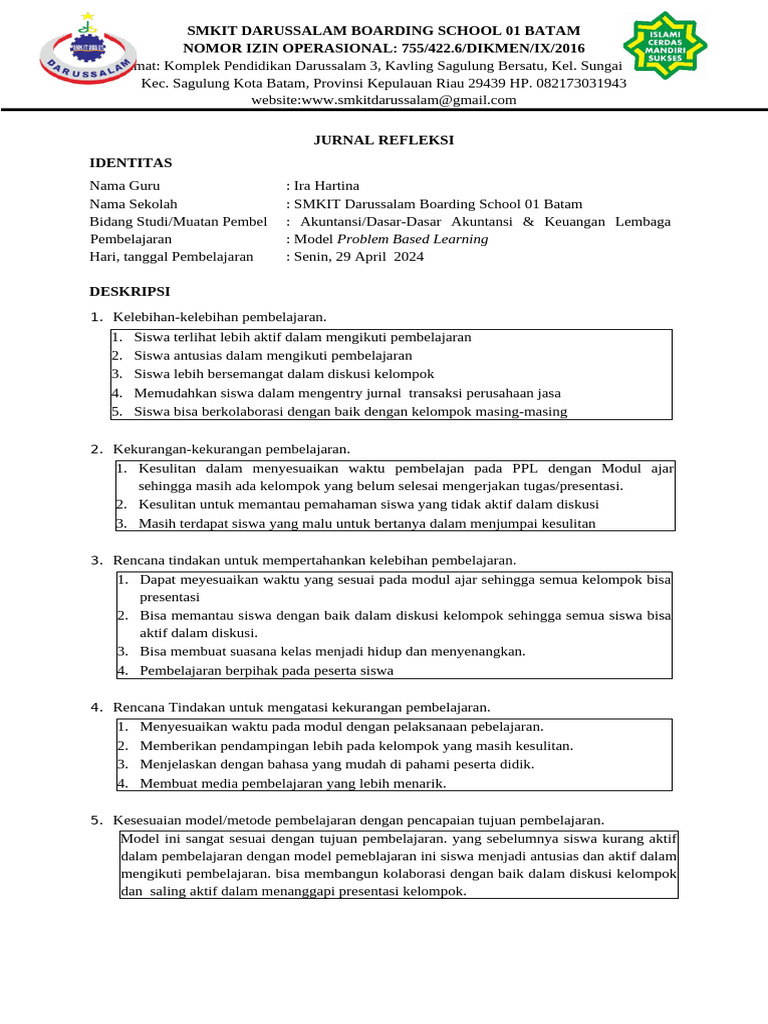 Jurnal Refleksi Pembelajaran Guru SD | PDF | Karier & Perkembangan