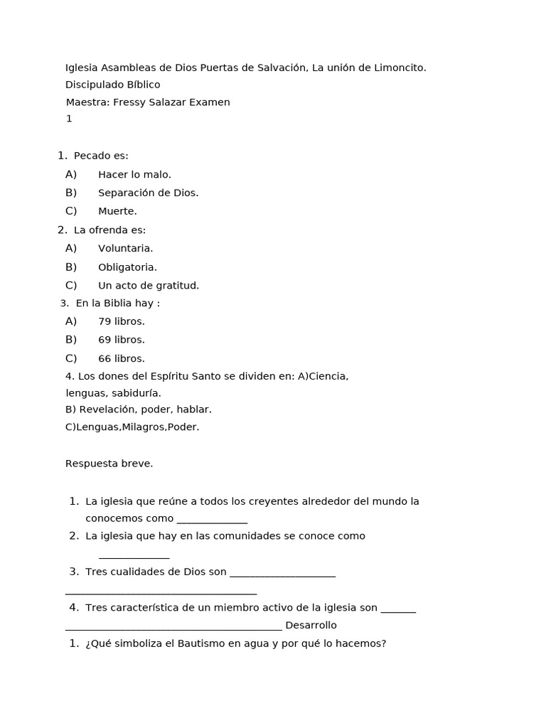 Examen de Discipulado Bíblico en Iglesia | PDF