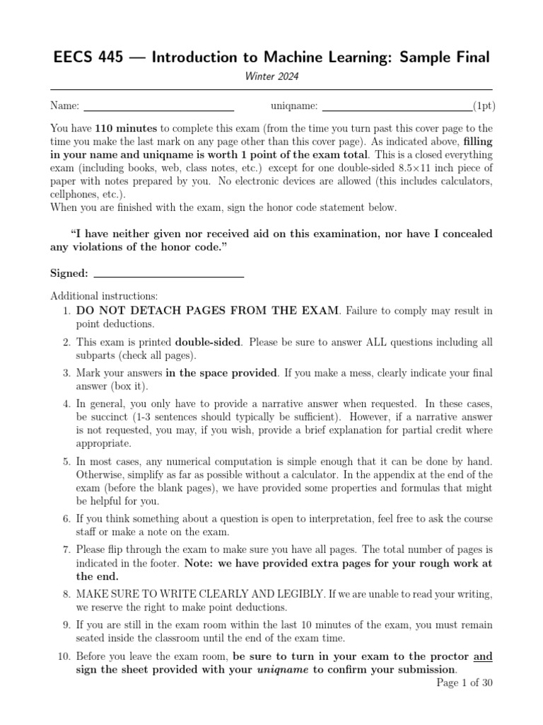 EECS 445 Machine Learning Sample Final | PDF | Eigenvalues And ...