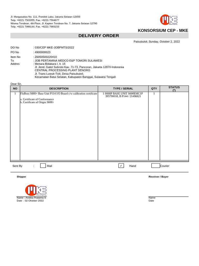Delivery Orders for Pertamina Medco E&P | PDF