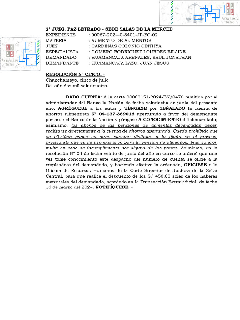 Exp. 00067-2024-0-3401-JP-FC-02 - Resolución - 06560-2024 | PDF
