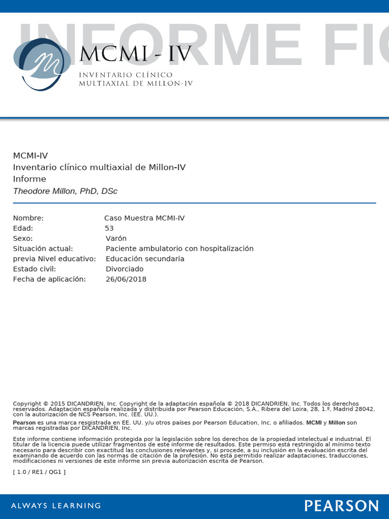 informe ficticio MCMI-IV | PDF | Derechos de autor | Ansiedad
