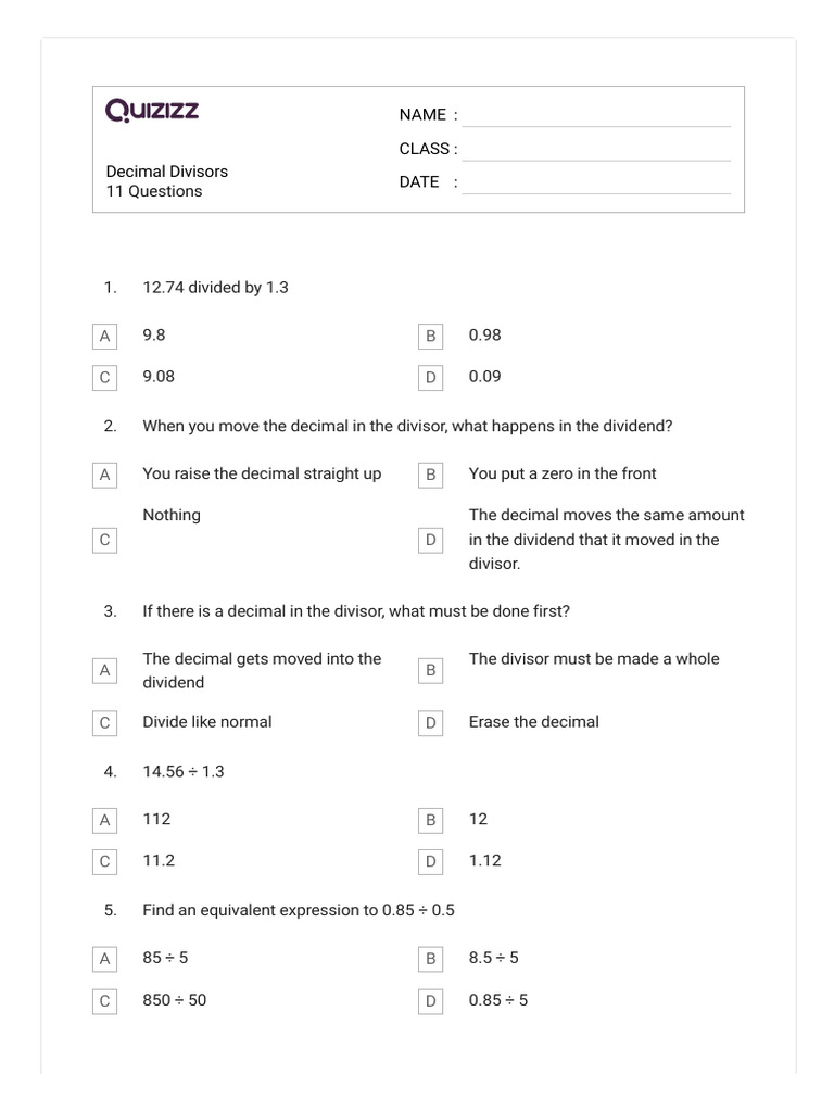 Quizizz decimal divisors pdf division mathematics mathematics