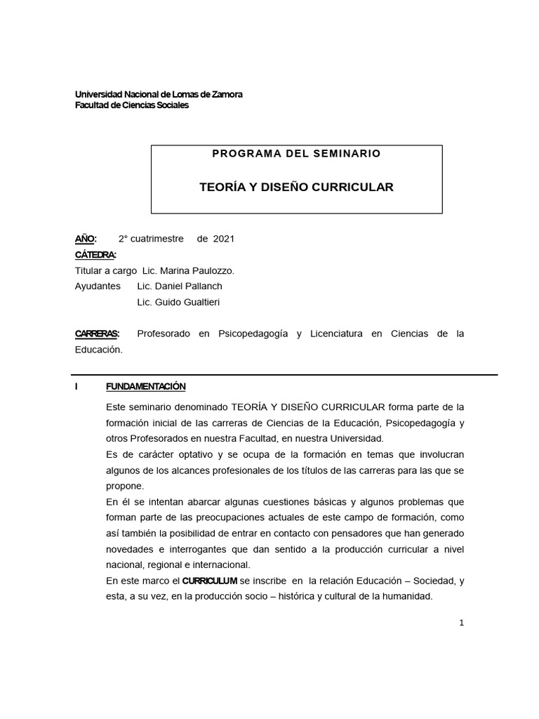 Teoría y Diseño Curricular en Educación | PDF | Plan de estudios ...